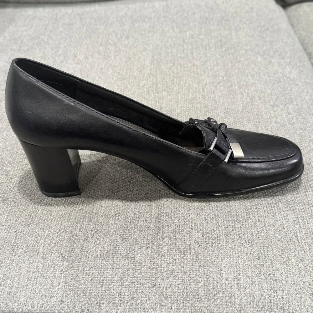 Black Leather Loafer Heels Women 6.5 M Block Heel Shoes Whimsigoth Dark Academia